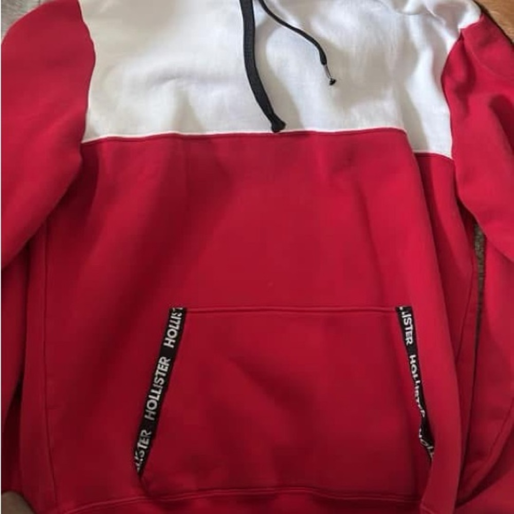 Hollister Red and White Colorblock Crewneck Hoodie